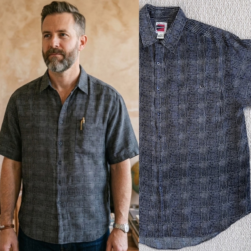 Reputation Mens 100% Silk Short Sleeve Button Down Shirt Glen Plaid Black, Large
